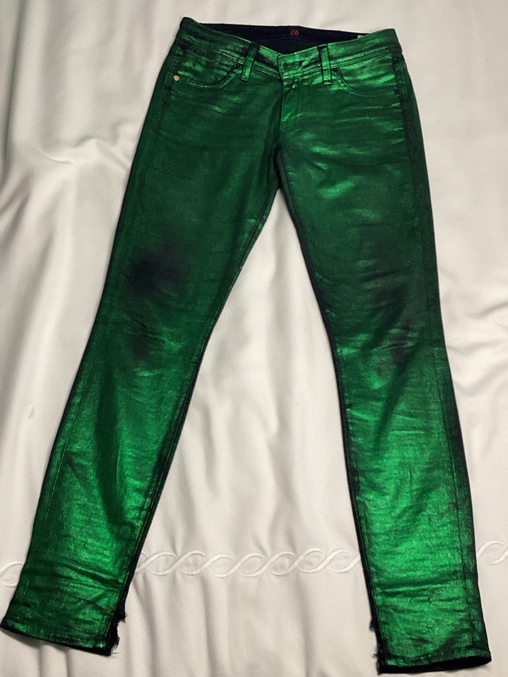Vintage SINCLAIR metallic green, skinny jeans, low rise slim fit